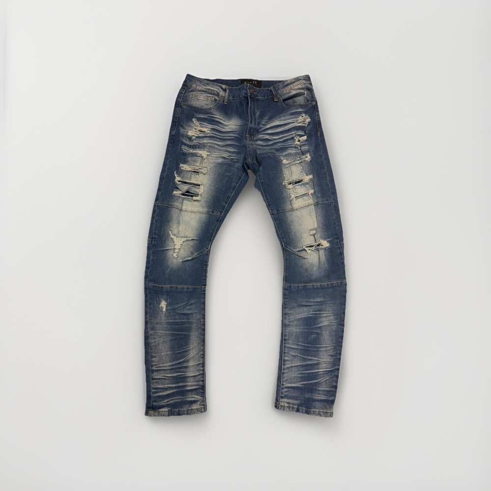 Rue 21 skinny arch surpreme flex blue distressed denim jeans, men's 36x32